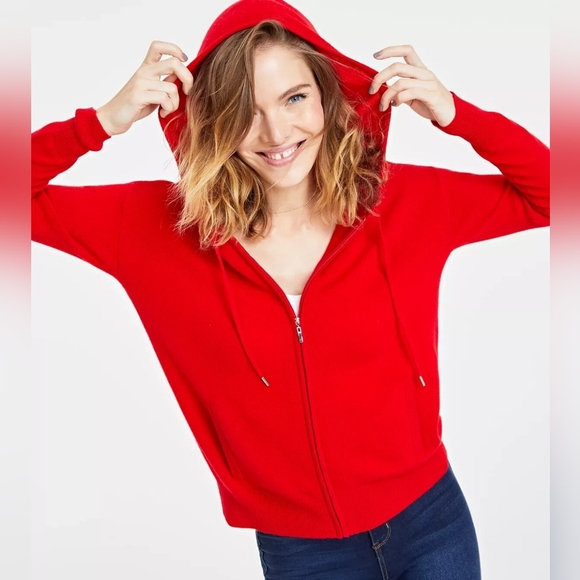 Cashmere Charter Club Red Hoodie S Polish Zip-Front Hooded Sweater Cardigan L - Picture 1 of 7